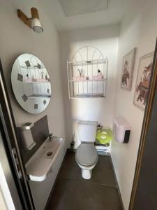 a bathroom with a toilet and a sink and a mirror at Maison F2, neuve au calme avec jardinet in La Crau +11 photos