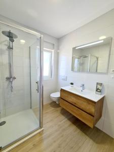 a bathroom with a shower and a sink and a toilet at Apartment Ane 3 in Tisno