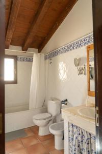 ein Badezimmer mit Toilette, Badewanne und Waschbecken in der Unterkunft El Pajar de Trescasas in Sonsoto