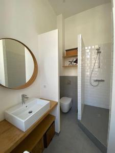 a bathroom with a sink and a shower and a mirror at Studio Terrasse, ancienne maison de champagne in Reims