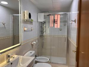 y baño con ducha, aseo y lavamanos. en Apartamentos Turisticos Juanita "Ope", en Archena