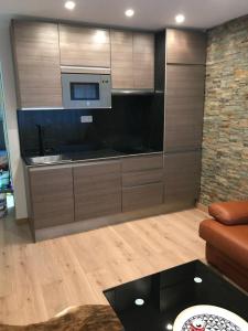 a living room with a kitchen with a microwave at APARTAMENTO EN CANFRANC ESTACION in Canfranc-Estación +6 photos
