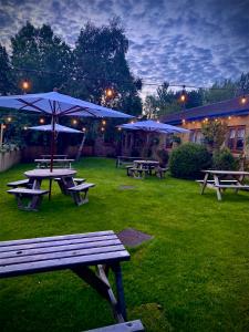 um grupo de mesas de piquenique com guarda-chuvas num quintal em Bowes Incline Hotel em Gateshead