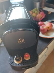 a blender sitting on a counter with a plate of apples at Studio Marjorie Indep. dans maison particulière in Mérignac