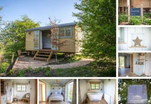 een serie van vier foto's van een klein huisje bij Perkins luxury shepherd huts in Nottingham