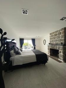 - une chambre avec un grand lit et une cheminée dans l'établissement Winery Hotel Boutique, à Algarrobo