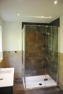 a shower with a glass door in a bathroom at Haus Wohleb in Fulpmes