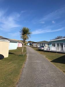 a road leading to a row of houses with a palm tree at Holiday Chalet at Gwithian Sands in Cornwall in Gwithian