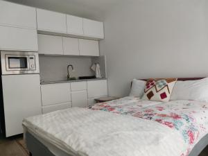 ein kleines Schlafzimmer mit einem Bett und einer Mikrowelle in der Unterkunft Divčibare Jezero apartman 25 in Divčibare
