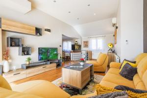 a living room with a couch and a tv at Villa Leona in Čabrunići