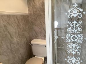 um banheiro com vaso sanitário e chuveiro em Whitegate 1st floor Apartment em Llandudno mais 26 fotografias