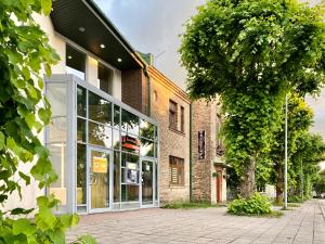 a building with large glass windows and a tree at Cesis Boulevard Apartments in Cēsis
