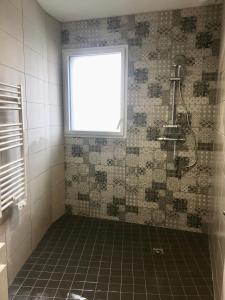 uma casa de banho com um chuveiro com uma janela e um chuveiro em Au boitissandeau em Saint-Paul-en-Pareds
