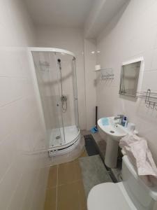 a bathroom with a shower and a toilet and a sink at Гостевой дом на Цюрупы 32,Г2 in Sochi