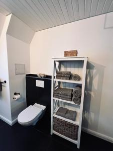 a bathroom with a toilet and a shelf with towels at Ring Residenz by E&P Concept in Adenau