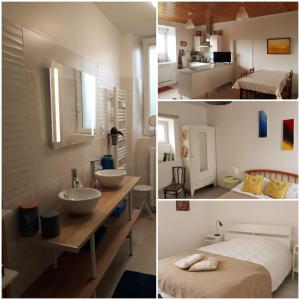 twee foto's van een badkamer met wastafel en een slaapkamer bij GÎTE DU BOUYSSOU in Carsac-Aillac