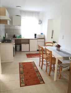 a kitchen with a table and chairs and a table and a kitchen at ApartGraz in Graz