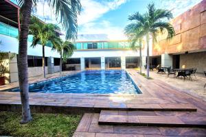 une piscine bordée de palmiers et un bâtiment dans l'établissement Hotel Plaza Mirador, à Mérida