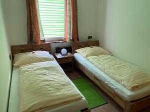 2 camas individuales en una habitación con ventana en Ferienwohnung Scheiblechner, en Göstling an der Ybbs