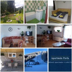 a collage of different pictures of a room at Apartmán Pavla in Ostružná