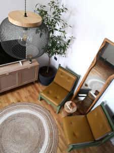uma sala de estar com cadeiras e um vaso de plantas em Codicei Studio em Braşov