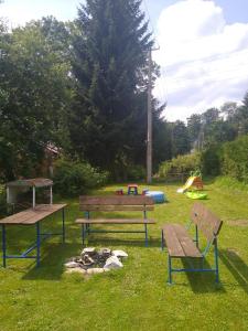 a park with two benches and a fire pit at Apartmán Pavla in Ostružná