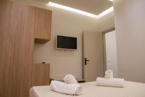 1 dormitorio con 2 toallas en una cama y TV en la pared en Syvota Apartments Cozy, en Sivota