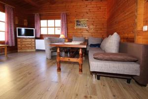 - un salon avec une table, des chaises et une télévision dans l'établissement Blockhouse, Hasselfelde, à Hasselfelde