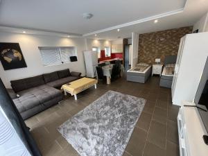 a living room with a couch and a kitchen at Malibu Apartman & Jacuzzi in Miskolctapolca