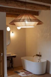 a large bath tub in a room with a light fixture at Le Clos Dagobert in Chadeleuf +57 photos