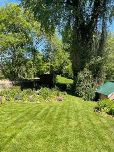 謝伯恩的住宿－Round Lodge Dorset，一个带绿树和灌木的草坪的院子