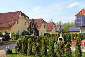 a row of houses with a hedge and a house with solar panels at Cottages at the Kummerower See Verchen in Verchen