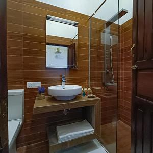 ein Bad mit einem Waschbecken und einer Dusche in der Unterkunft Zee Golf Affordable Luxury in Galle