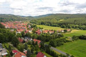 una vista aérea de un pequeño pueblo en las montañas en Holiday Home Nahetal-Waldau - DMG07059-F, en Waldau
