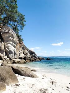 uma praia arenosa com árvores e o oceano em Terranam Bed & Breakfast em Catoira