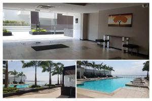 a collage of two pictures of a building with a pool at Ecusuites Room Emporium con Jacuzzi privado in Guayaquil