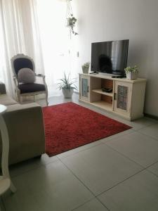 sala de estar con TV y alfombra roja en Matiz 01 en Iquique
