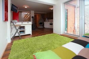 - un salon avec un canapé et un tapis vert dans l'établissement Holiday home in Neukalen, à Neukalen