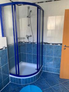 La salle de bains est pourvue d'une douche et de carrelage bleu. dans l'établissement Nathalie Leser, à Baden-Baden