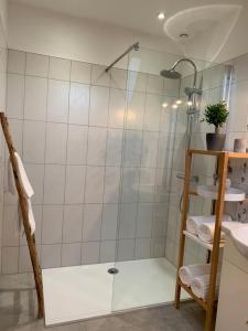 a shower with a glass door in a bathroom at Maison cosy au coeur du vignoble d'Hautvillers in Hautvillers