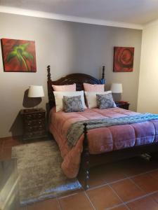 um quarto com uma cama grande e almofadas em Casa "Quinta Souto da Ordem" em Castelo Novo