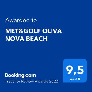 MET&GOLF OLIVA NOVA BEACH JARDIN tanúsítványa, márkajelzése vagy díja