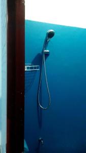 a shower in a blue stall with a shower head at Toraja ManuBackPacker in Rantepao