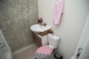 a small bathroom with a sink and a toilet at ASP hospedaria in Paranaguá