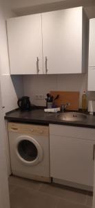 cocina con lavadora y fregadero en Cozy City Apartment, en Düsseldorf