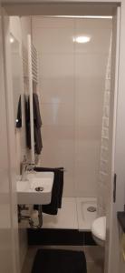 y baño blanco con lavabo y ducha. en Cozy City Apartment, en Düsseldorf