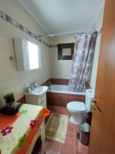 uma casa de banho com um lavatório, um WC e uma banheira em Country House on Mount Olympus em Kariá