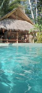 una piscina di acqua blu di fronte a una capanna di RNV Eco Resort Bungalows a Batukaras