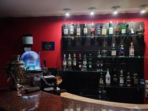 a bar with lots of bottles of alcohol on a wall at Hotel FaMil - adults only in Bansko