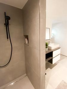 a bathroom with a shower and a sink at Ferienwohnung Vergissmeinnicht in Gengenbach